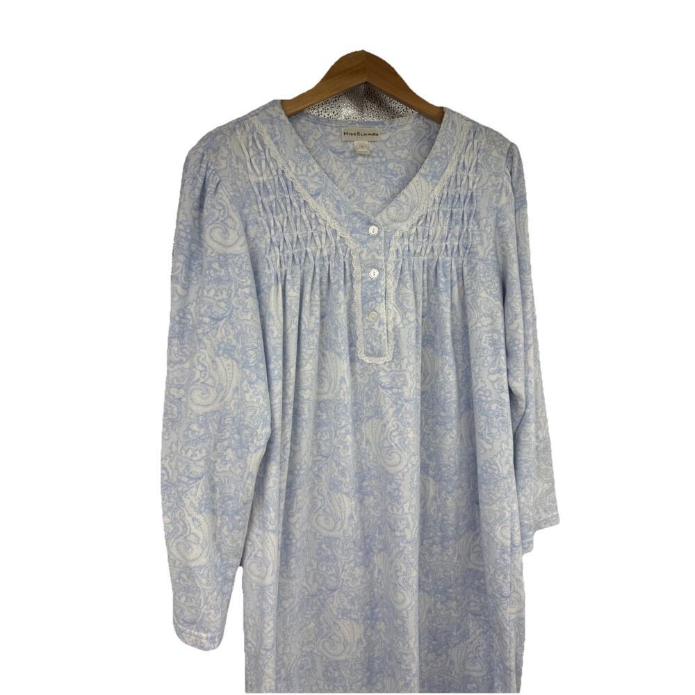 Miss Elaine Periwinkle Blue Floral Fleece Pullover Nightgown Smocked Womens L - Picture 3 of 6